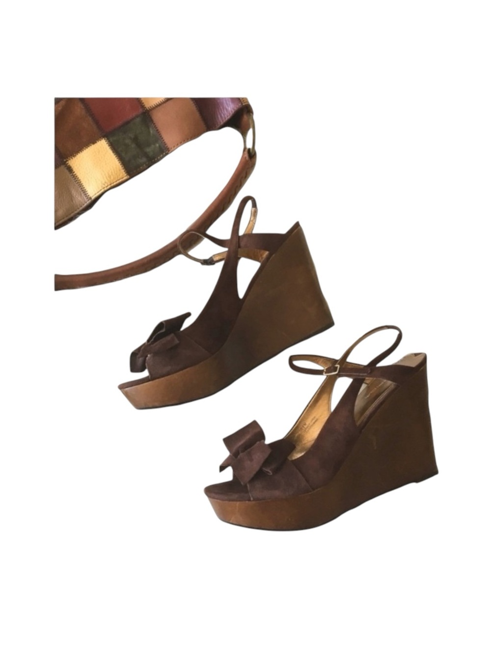 new Via Spiga ✽ Wood Wedge Platform Heel Bow Sandals ✽ Chocolate Suede ✽ 10.5M ✽ - Picture 13 of 16
